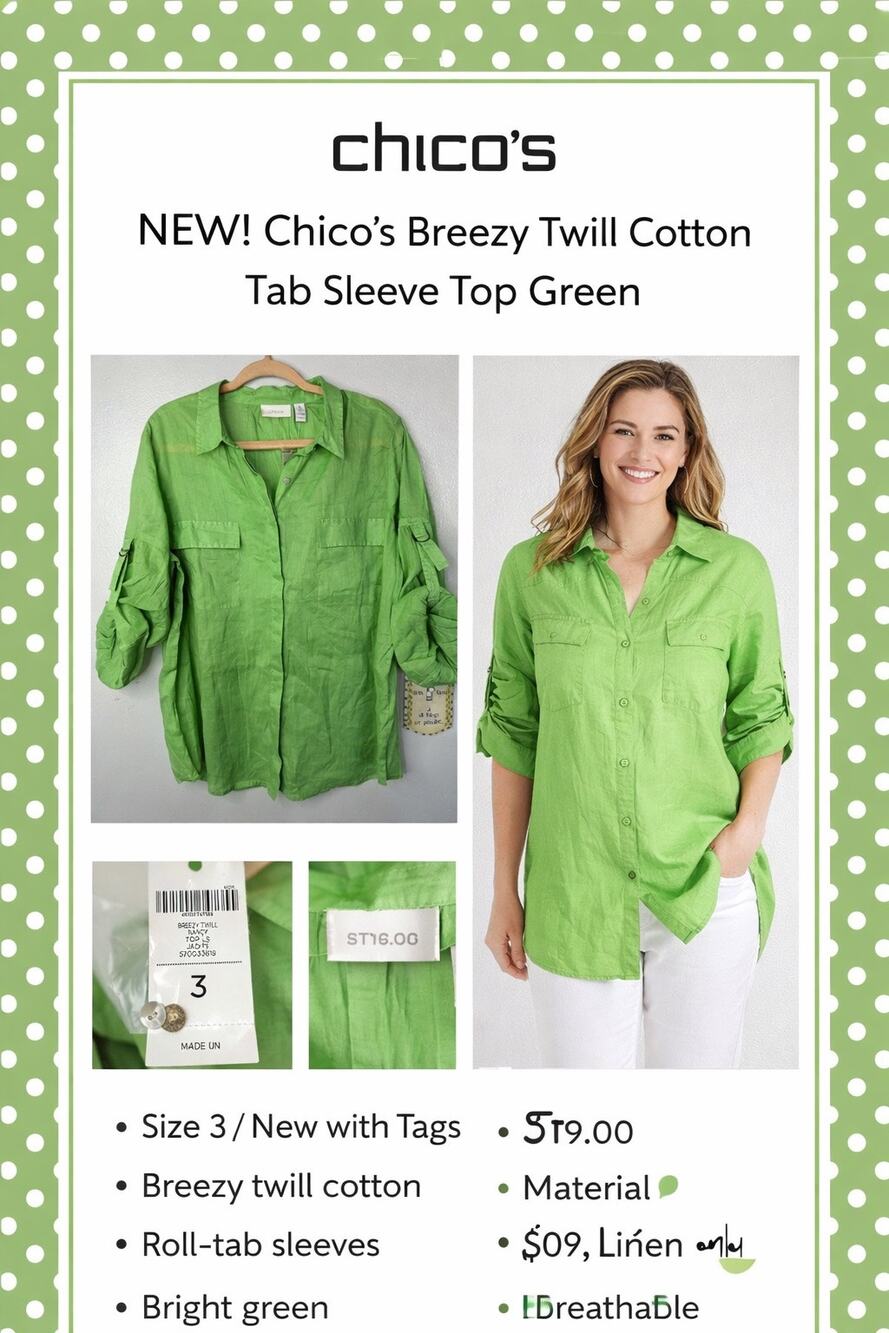Chicos Breezy Twill Cotton Blend Green Button Up Shirt 3 XL Large $80